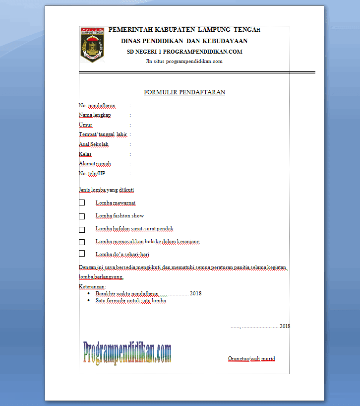 Detail Contoh Formulir Pendaftaran Lomba Nomer 46