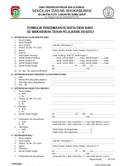 Detail Contoh Formulir Pendaftaran Masuk Sekolah Dasar Nomer 5