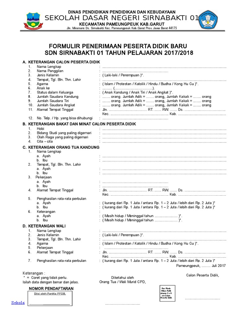 Detail Contoh Formulir Pendaftaran Masuk Sekolah Dasar Nomer 6