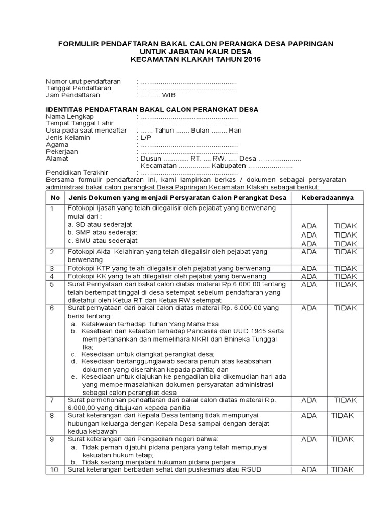 Detail Contoh Formulir Pendaftaran Perangkat Desa Nomer 4