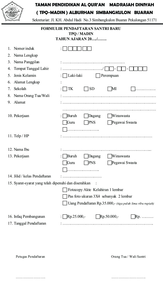 Detail Contoh Formulir Pendaftaran Santri Baru Nomer 11