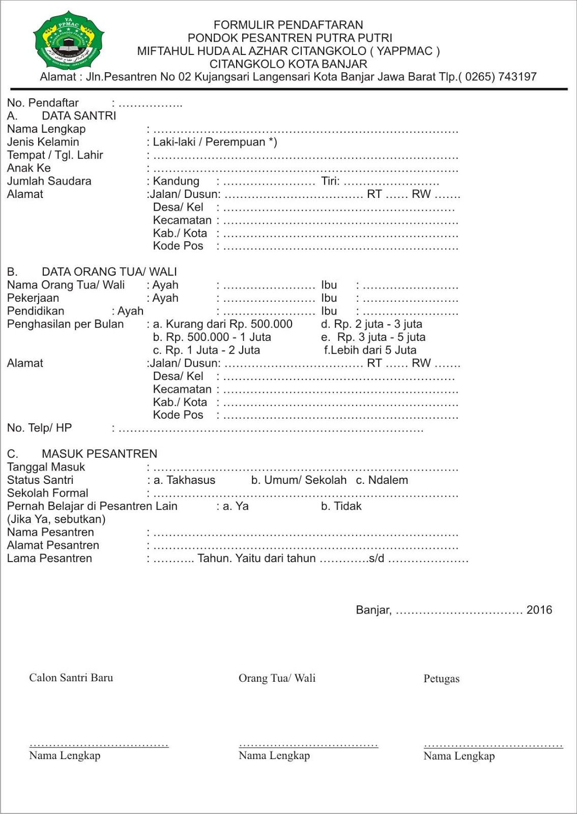 Detail Contoh Formulir Pendaftaran Santri Baru Nomer 23