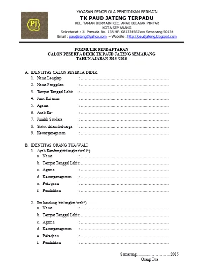 Contoh Formulir Pendaftaran Sekolah Tk - KibrisPDR