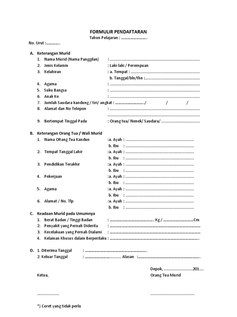 Detail Contoh Formulir Pendaftaran Sekolah Tk Nomer 2