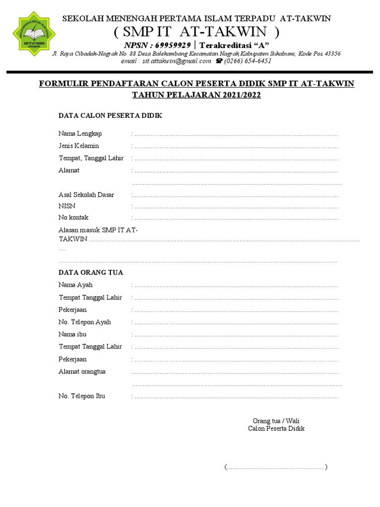 Contoh Formulir Pendaftaran Smp - KibrisPDR