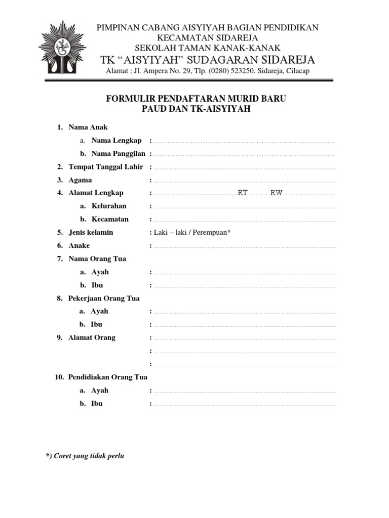 Detail Contoh Formulir Pendaftaran Tk Nomer 7