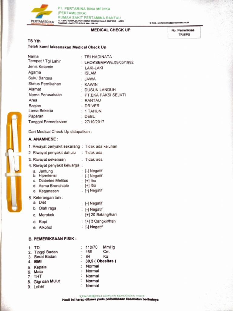 Detail Contoh Hasil Medical Check Up Perusahaan Nomer 3