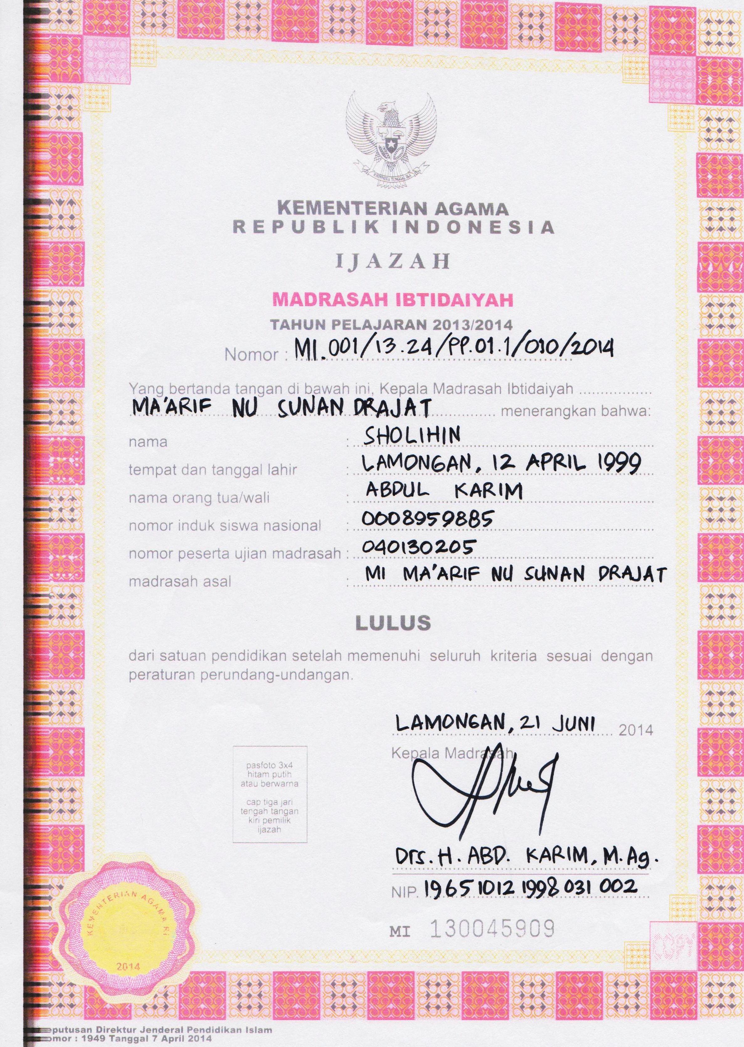 Detail Contoh Ijazah Tk Terbaru Nomer 33