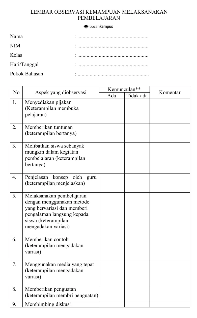 Detail Contoh Instrumen Observasi Nomer 6