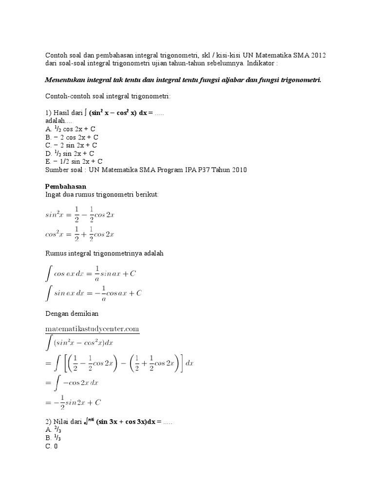 Detail Contoh Integral Trigonometri Nomer 56