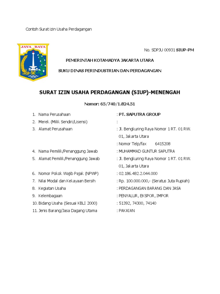 Detail Contoh Izin Usaha Dagang Nomer 32