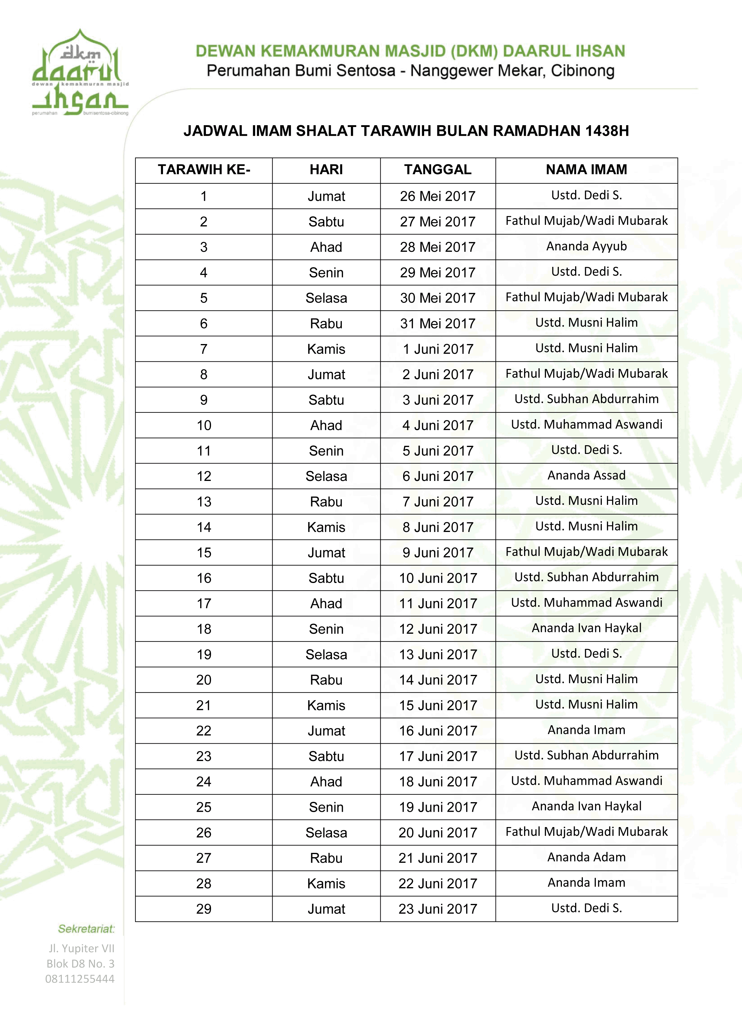 Contoh Jadwal Imam Tarawih - KibrisPDR