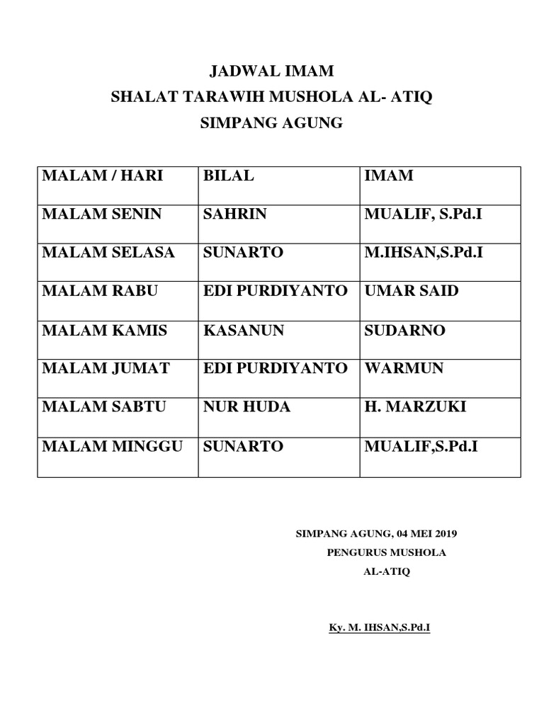 Detail Contoh Jadwal Imam Tarawih Nomer 15