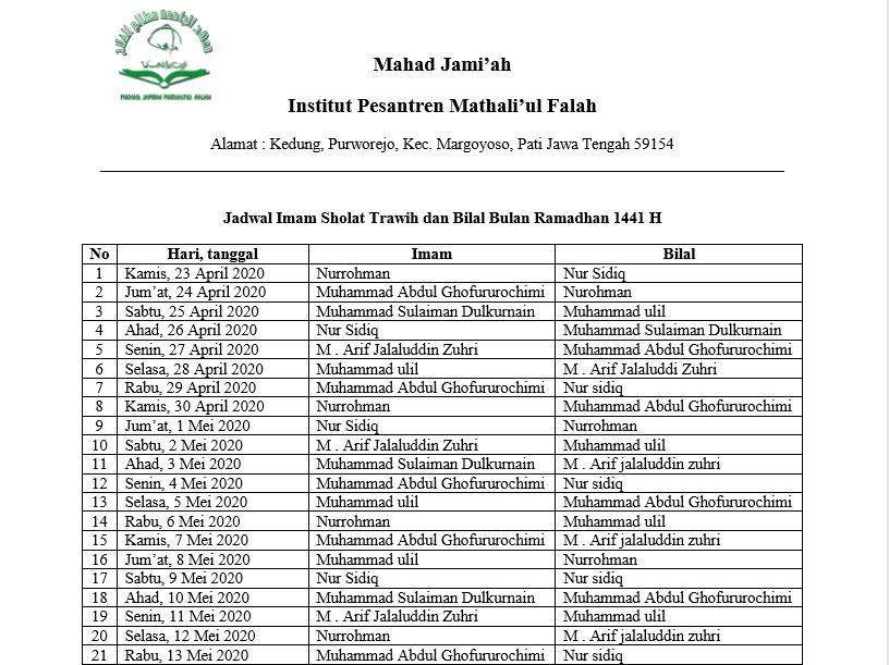 Detail Contoh Jadwal Imam Tarawih Nomer 24