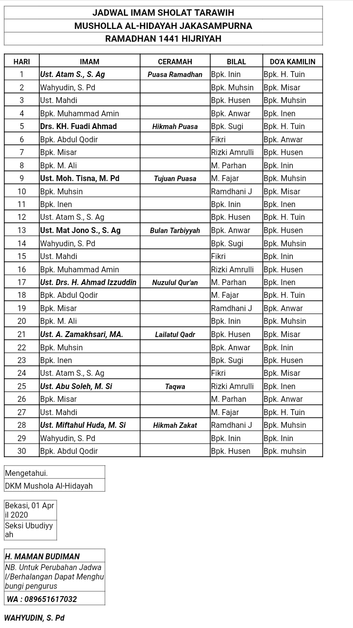 Detail Contoh Jadwal Imam Tarawih Nomer 41