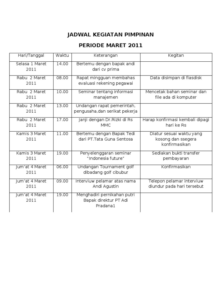 Detail Contoh Jadwal Kegiatan Pimpinan Nomer 5