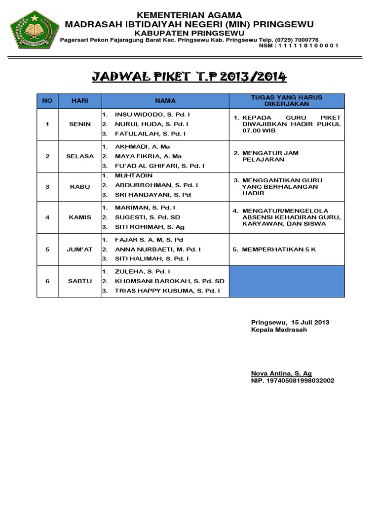 Detail Contoh Jadwal Piket Guru Nomer 9