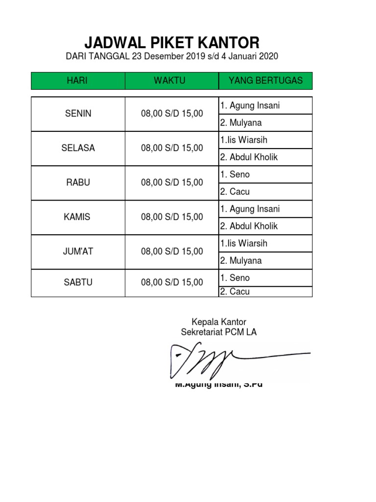 Detail Contoh Jadwal Piket Kantor Nomer 9