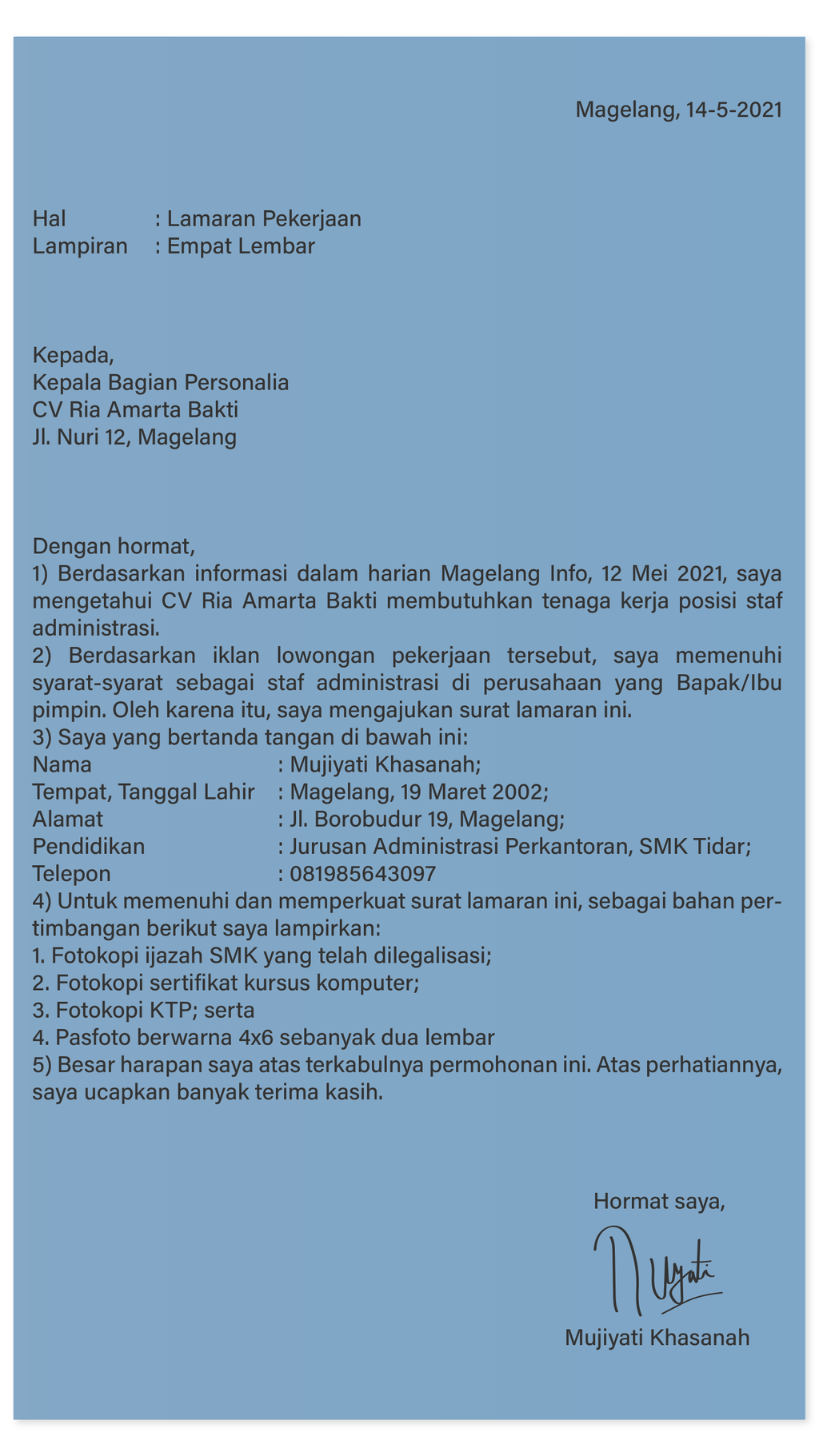 Detail Contoh Kalimat Pembuka Surat Lamaran Kerja Nomer 32