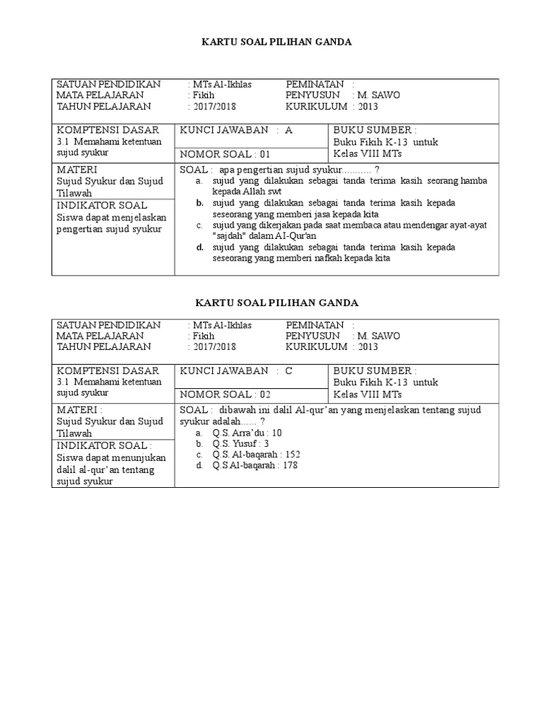 Detail Contoh Kartu Soal Nomer 9