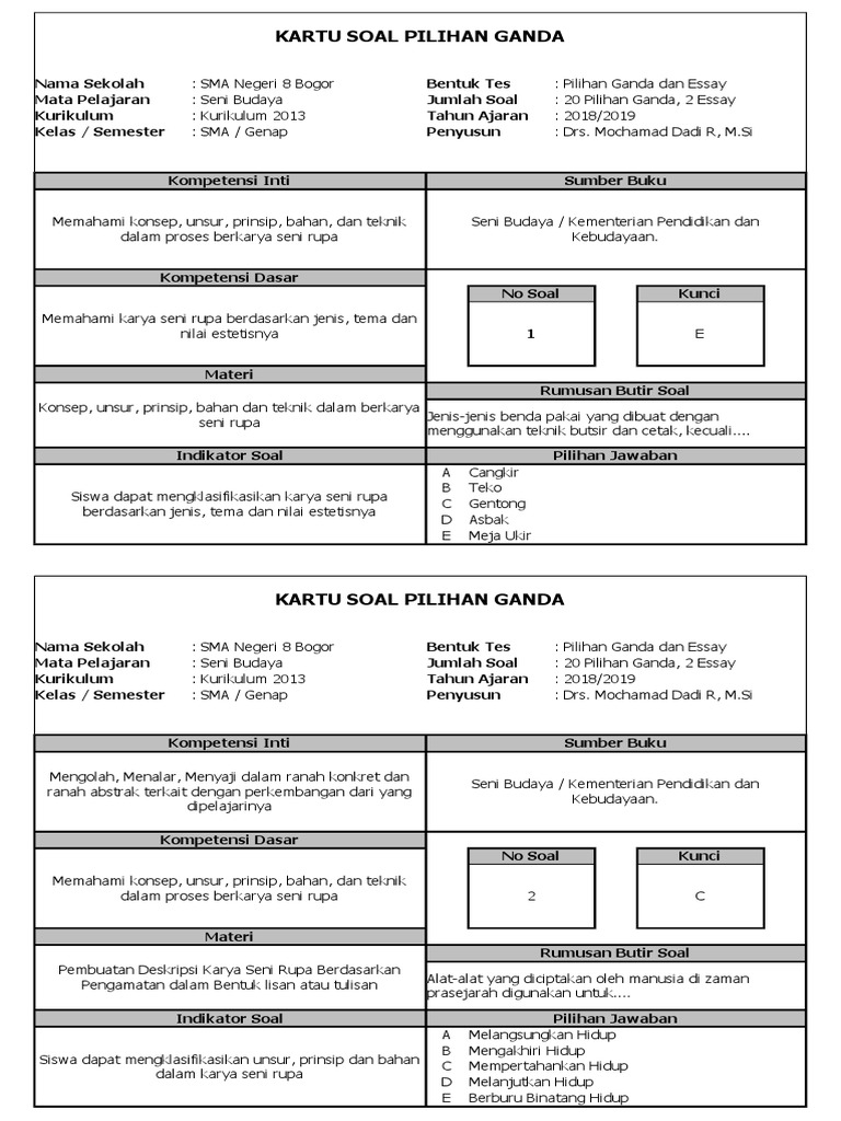 Detail Contoh Kartu Soal Pilihan Ganda Nomer 50