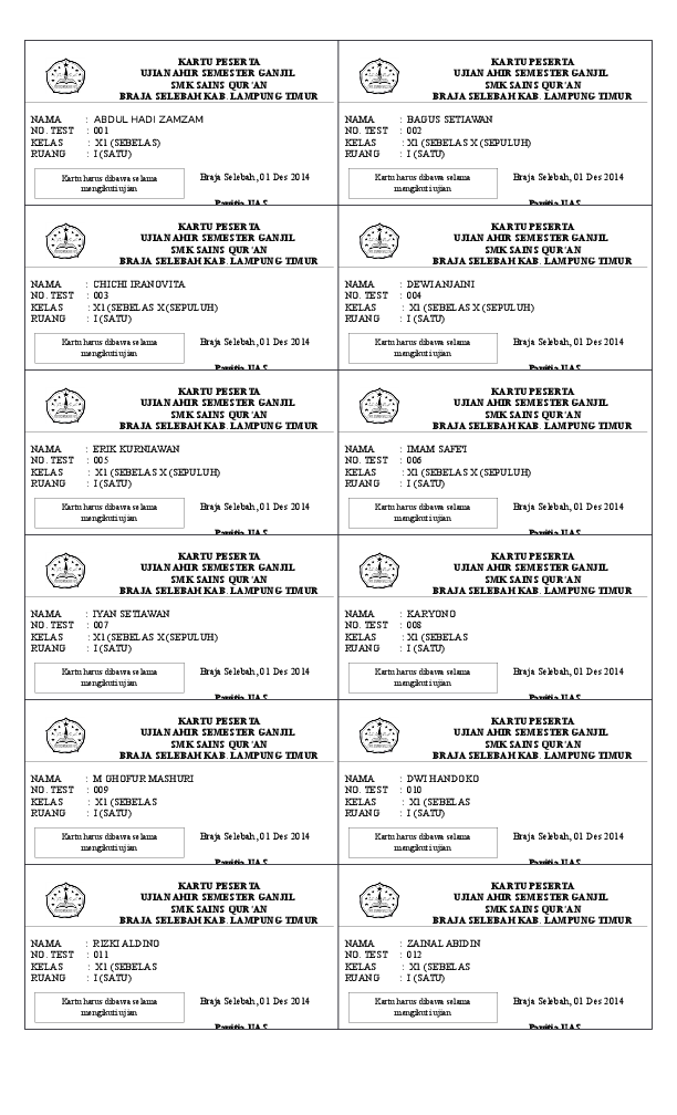 Detail Contoh Kartu Ujian Nomer 16