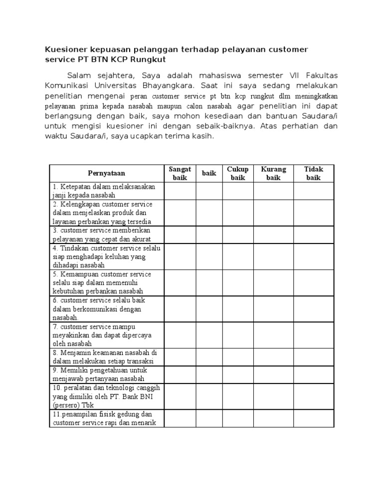 Detail Contoh Kuesioner Kepuasan Pelanggan Nomer 12