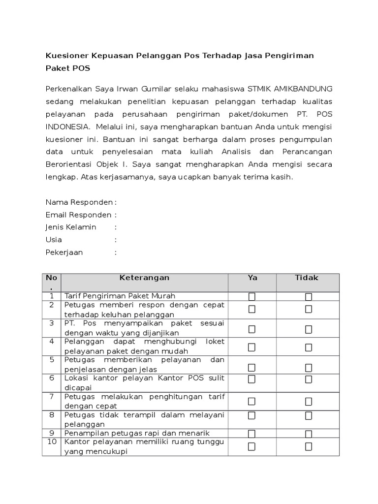 Detail Contoh Kuesioner Kepuasan Pelanggan Nomer 4