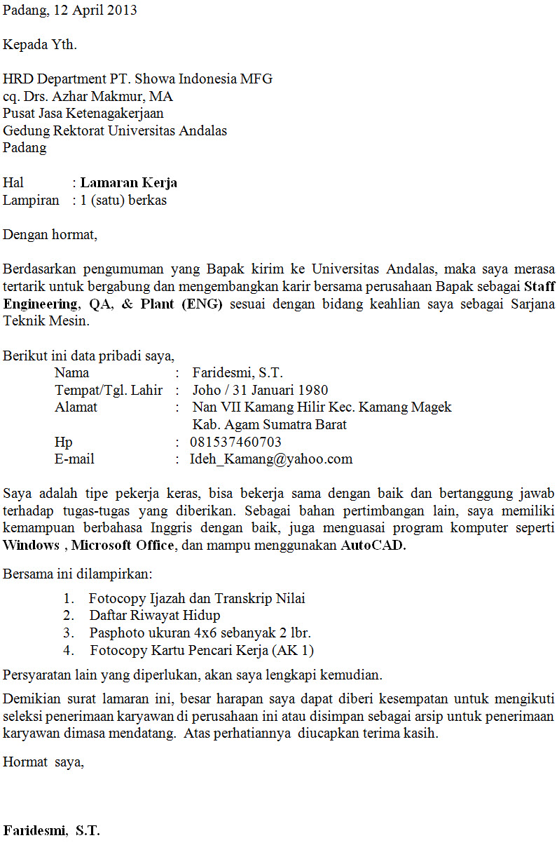 Detail Contoh Lamaran Kerja Ke Pt Nomer 53