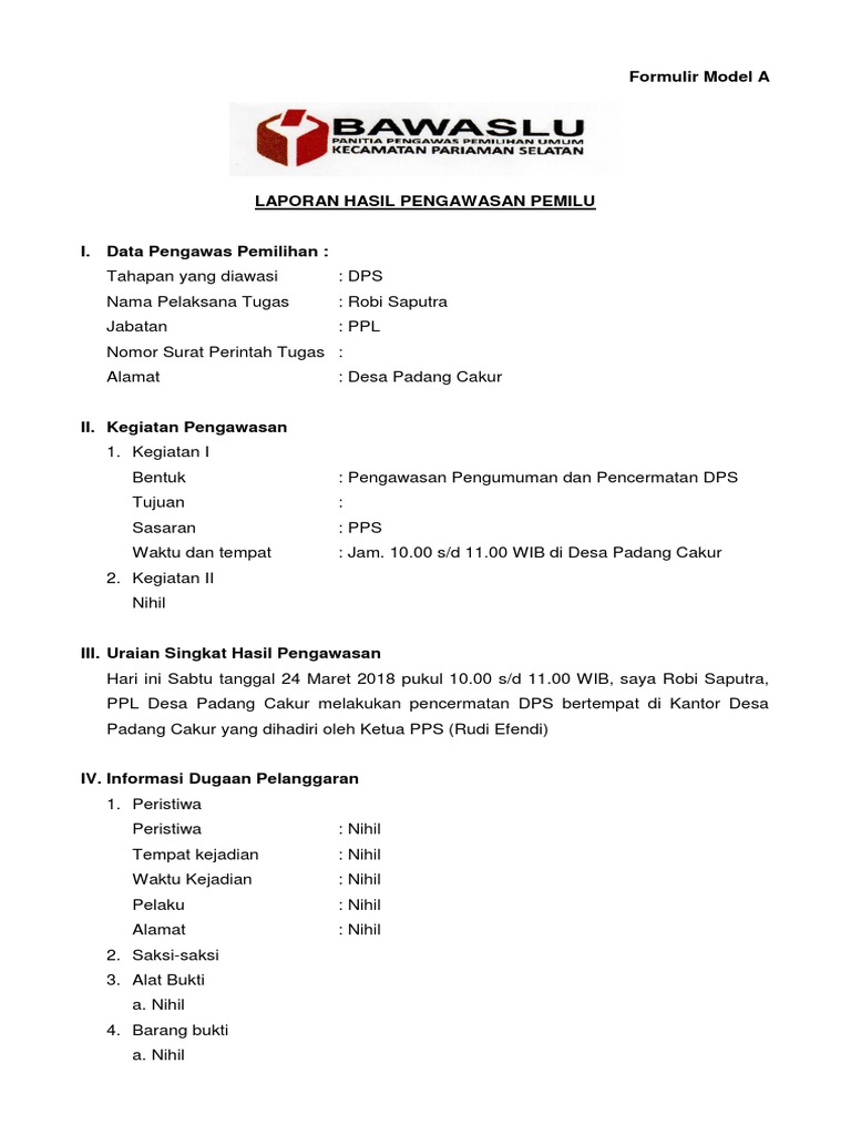 Detail Contoh Laporan Hasil Pengawasan Pemilu Form A Nomer 8