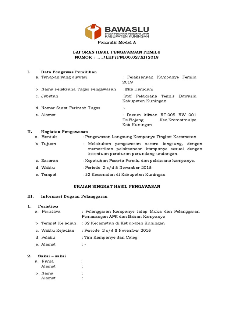 Detail Contoh Laporan Hasil Pengawasan Pemilu Form A Nomer 4