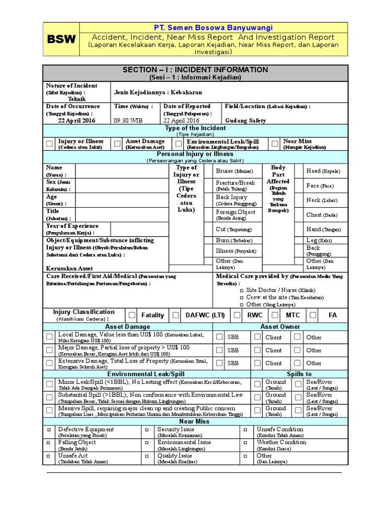 Detail Contoh Laporan Investigasi Kecelakaan Kerja Nomer 8