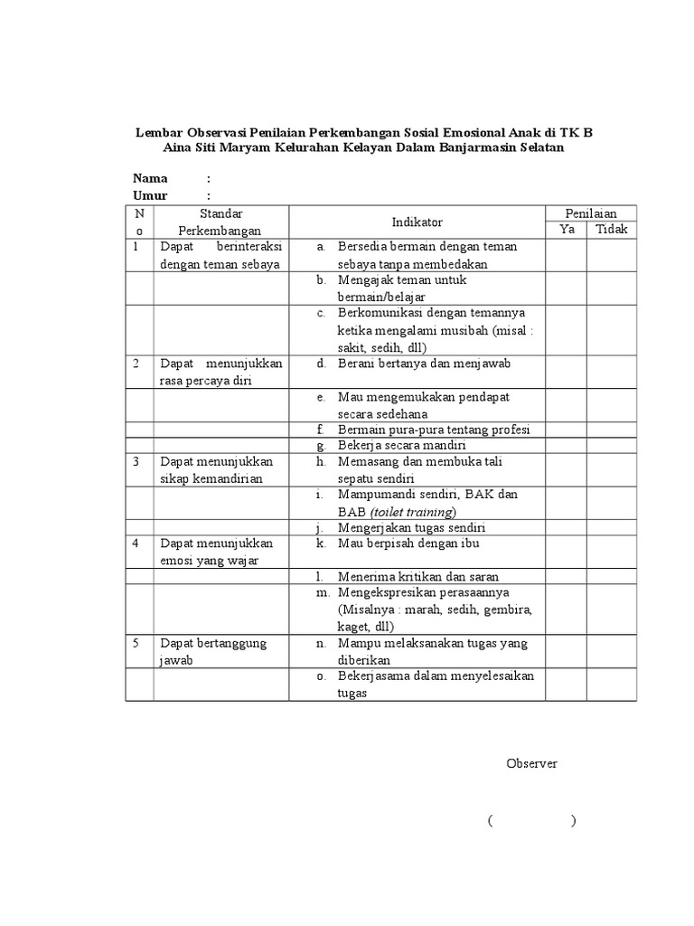 Detail Contoh Lembar Observasi Paud Nomer 13