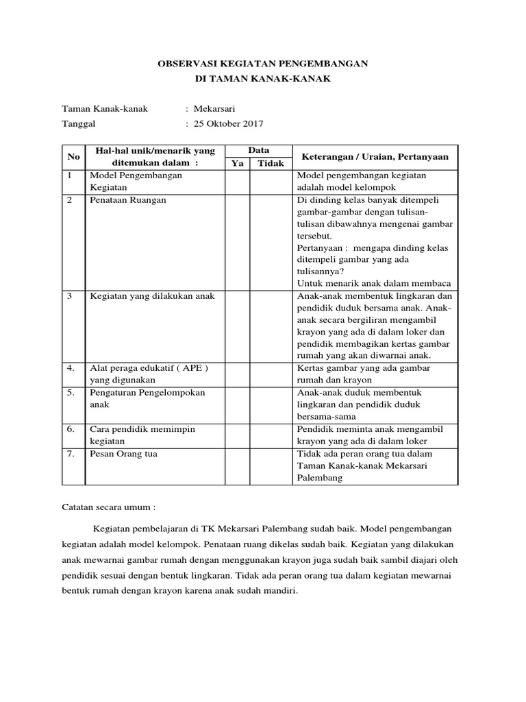 Detail Contoh Lembar Observasi Paud Nomer 18