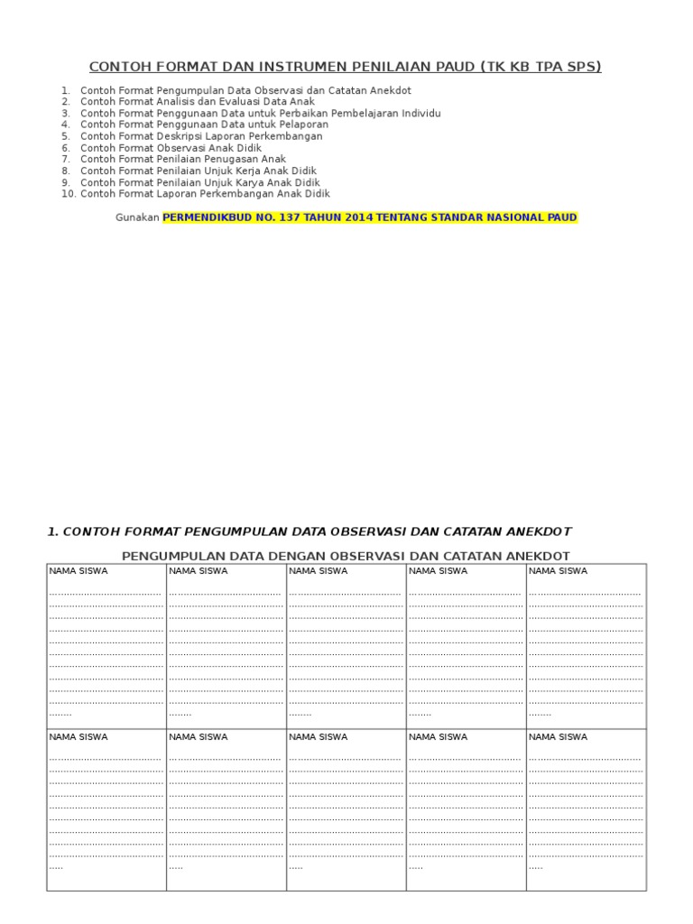 Detail Contoh Lembar Observasi Paud Nomer 34