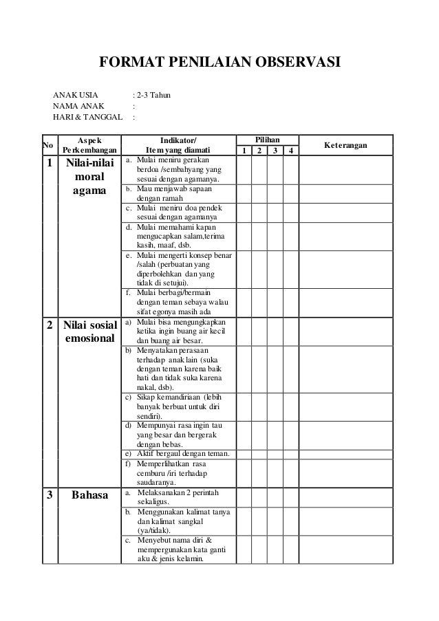 Detail Contoh Lembar Observasi Paud Nomer 6