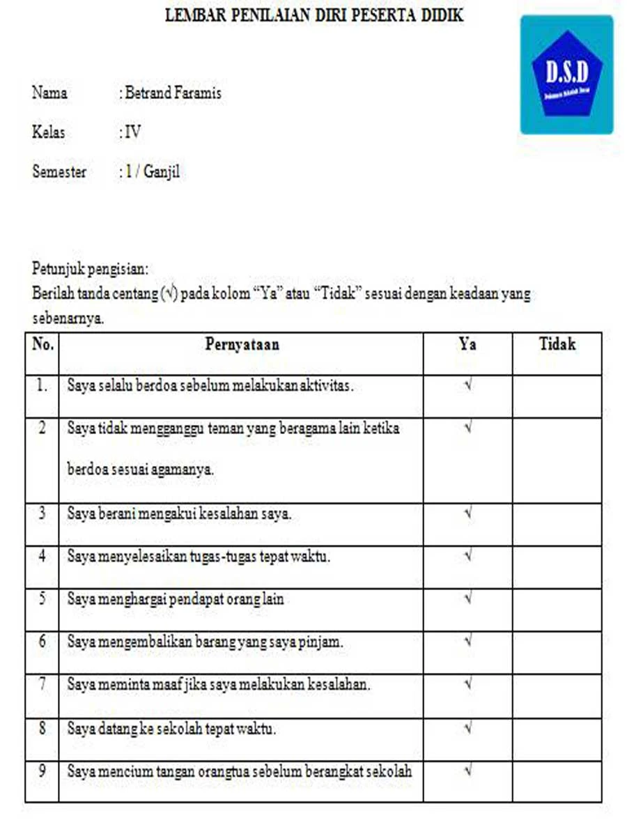 Detail Contoh Lembar Penilaian Nomer 10