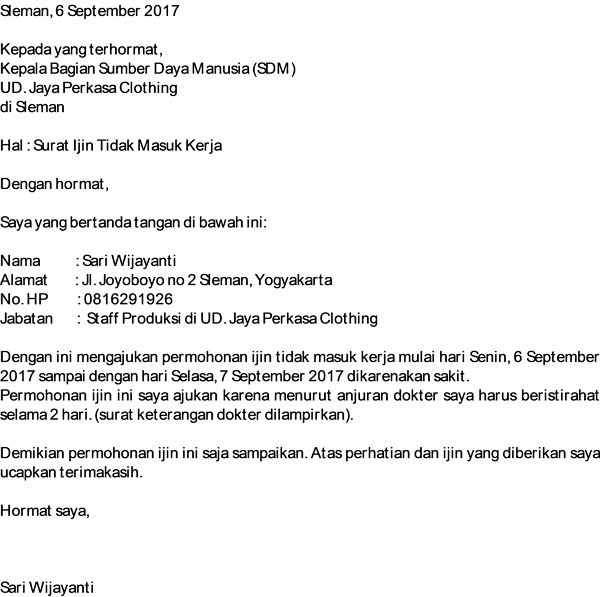 Detail Contoh Membuat Surat Izin Tidak Masuk Kerja Nomer 13