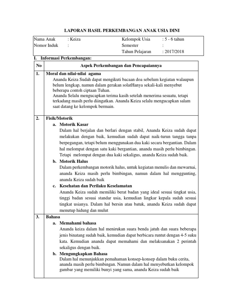 Detail Contoh Narasi Laporan Perkembangan Anak Tk Semester 1 Nomer 21