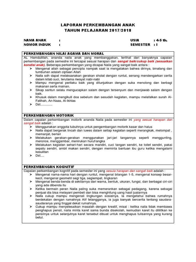 Detail Contoh Narasi Laporan Perkembangan Anak Tk Semester 2 Nomer 8