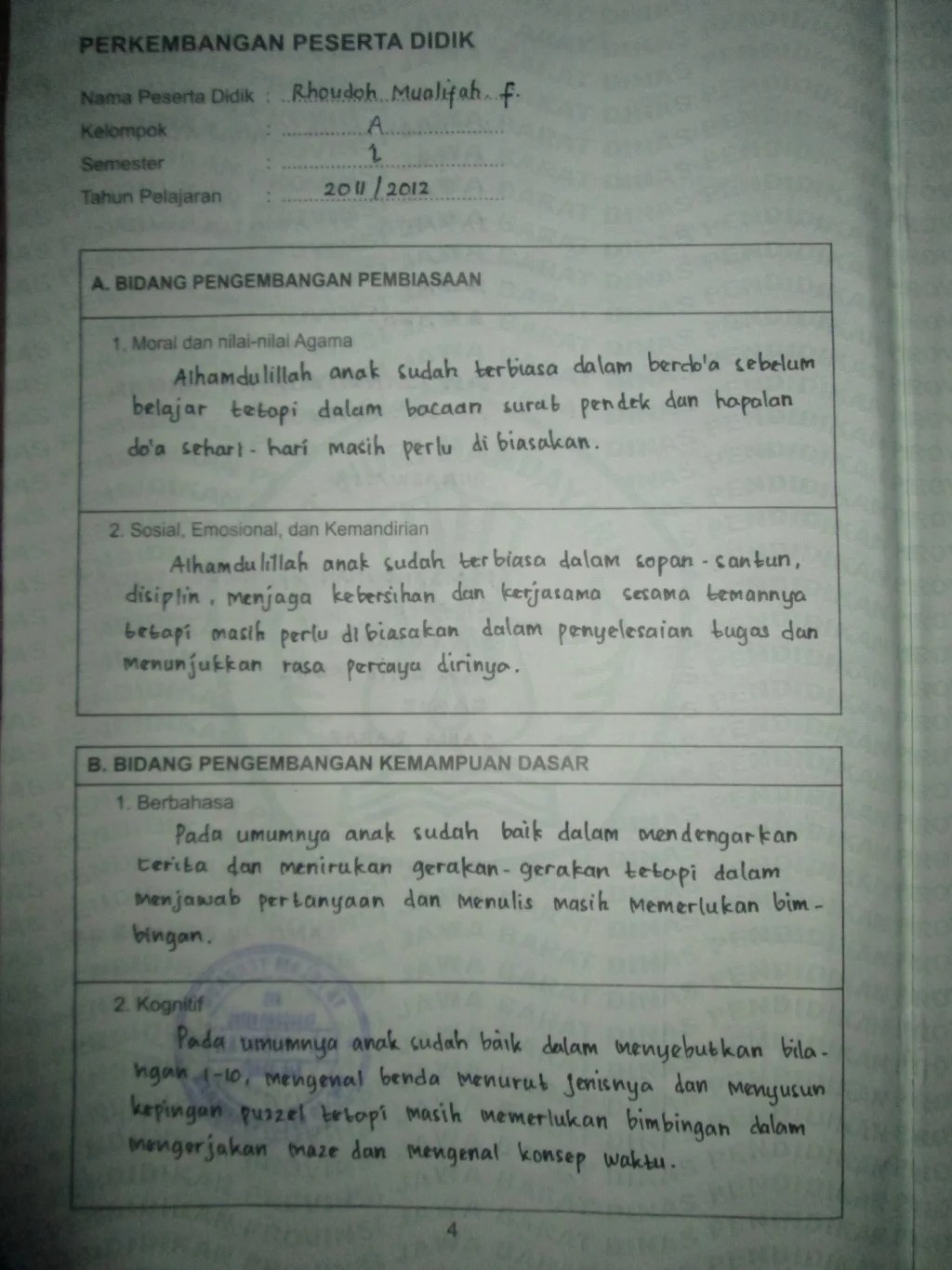 Detail Contoh Narasi Raport Tk Semester 1 Nomer 5