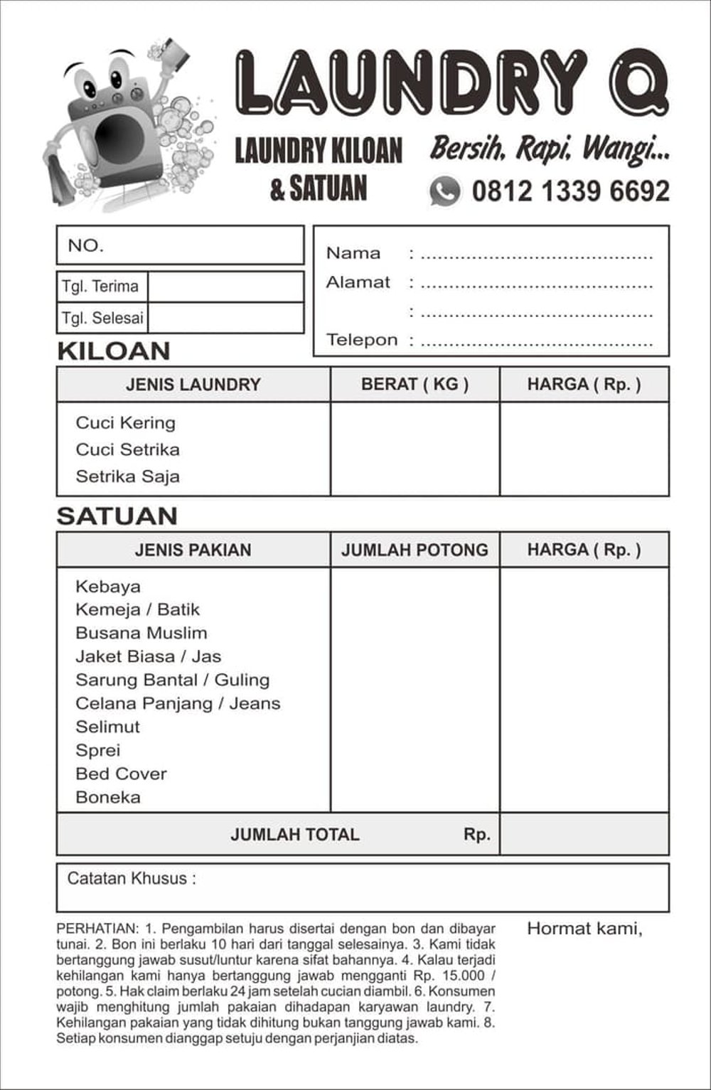 Contoh Faktur Laundry Contoh Nota Laundry Kiloan