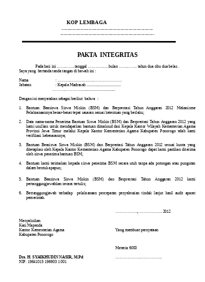 Detail Contoh Pakta Integritas Nomer 50