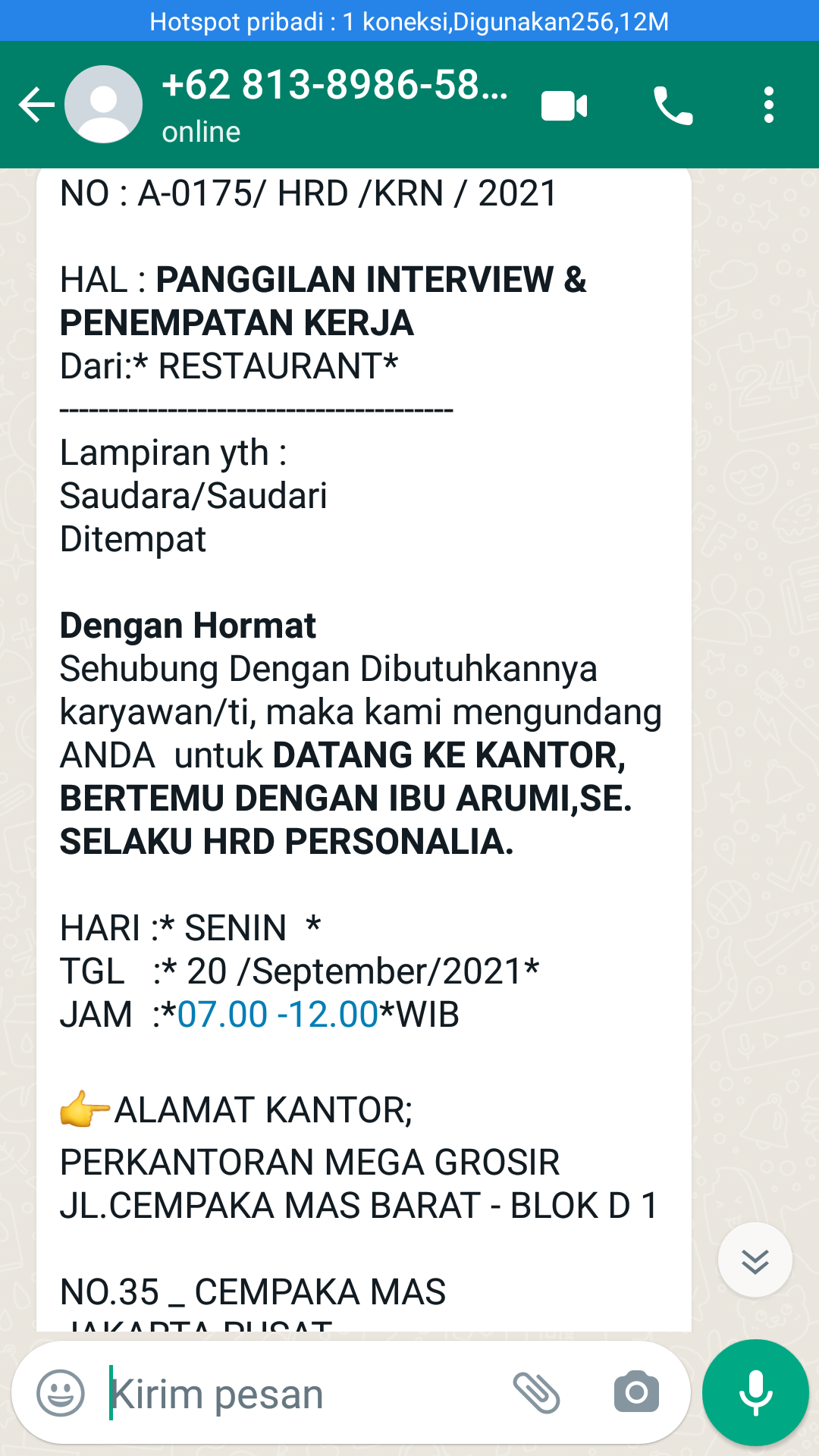 Detail Contoh Panggilan Interview Via Whatsapp Nomer 11