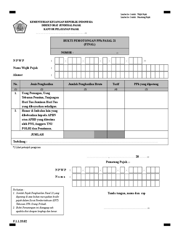 Detail Contoh Pengisian Bukti Potong Pph 21 Tidak Final Nomer 32