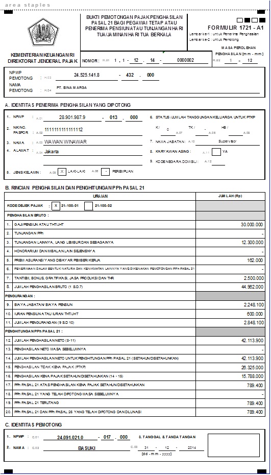 Detail Contoh Pengisian Bukti Potong Pph 21 Tidak Final Nomer 35