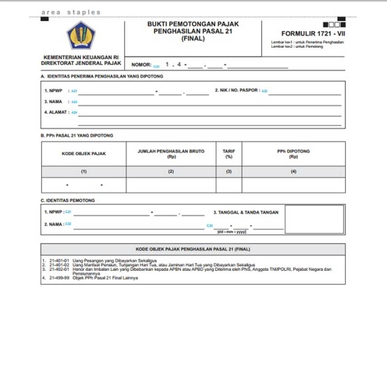Detail Contoh Pengisian Bukti Potong Pph 21 Tidak Final Nomer 7