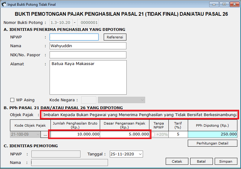 Detail Contoh Pengisian Bukti Potong Pph 21 Tidak Final Nomer 8