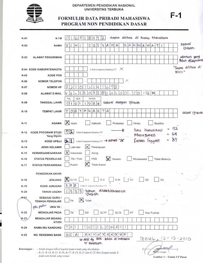 Detail Contoh Pengisian Formulir Ut Nomer 9