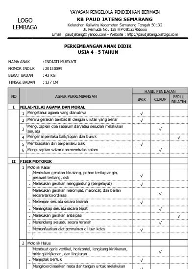 Detail Contoh Pengisian Raport Paud Koleksi Nomer 3